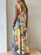 Madeline - Patchworkowa sukienka maxi z dekoltem V, biała, boho urok