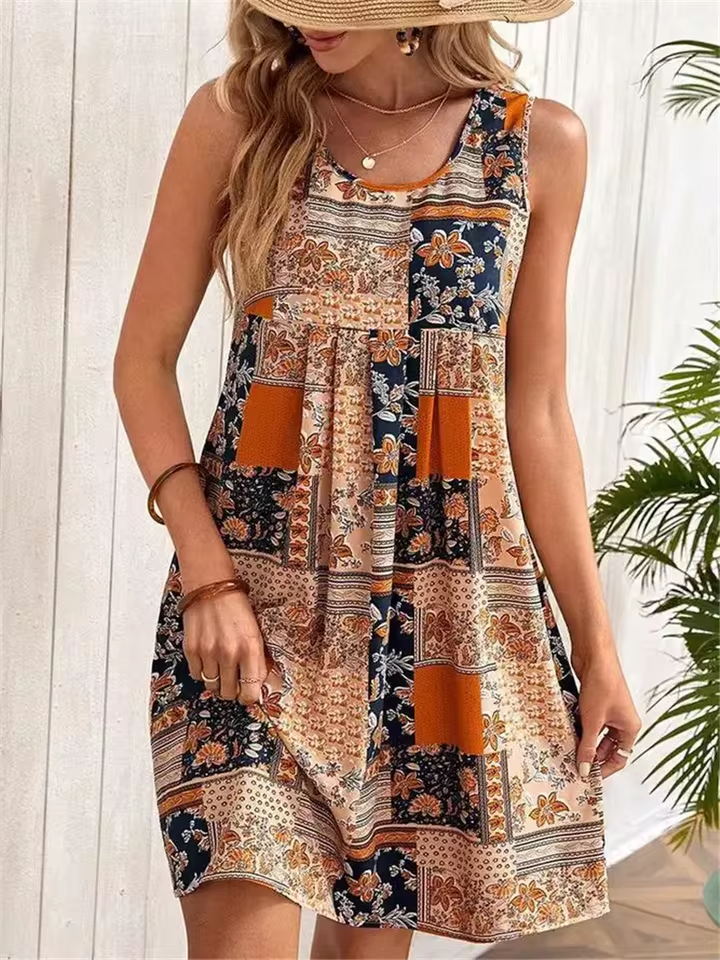 Jacinta - Sukienka mini bez rękawów w stylu retro z patchworkiem kwiatowym