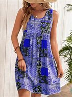 Jacinta - Sukienka mini bez rękawów w stylu retro z patchworkiem kwiatowym