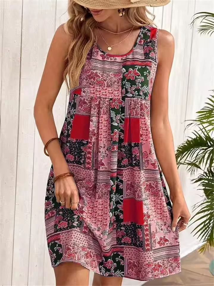 Jacinta - Sukienka mini bez rękawów w stylu retro z patchworkiem kwiatowym