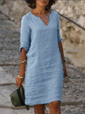 Mila - Sukienka bawełniano-lniana z dekoltem V, rękawami średniej długości i dopasowanym krojem